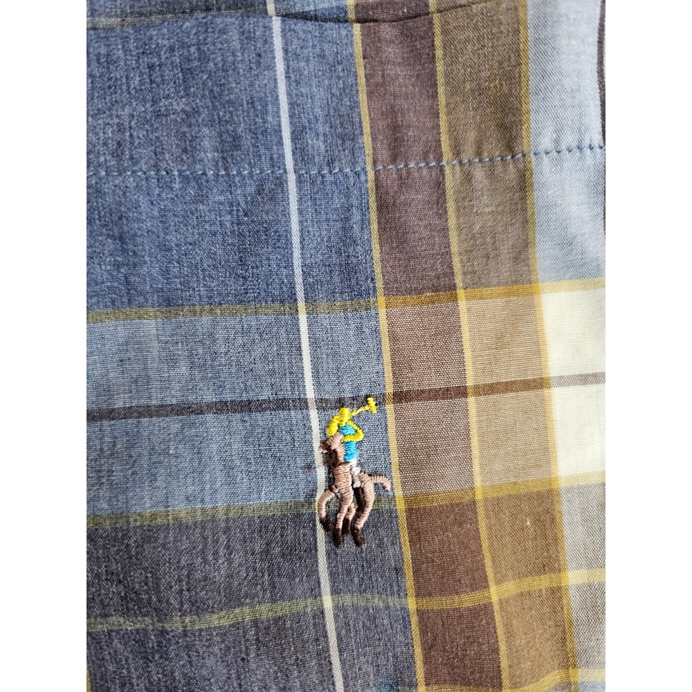 Vintage Polo Ralph Lauren Mens Plaid Button Down Shirt Blue Brown Cotton - Picture 4 of 9